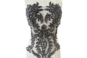 PLUNE Handmade Shiny Rhinestones Applique handsewing Beaded Sequins Crystal on lace Trim Patches for Prom Dress Clothing Decorative Accessories (Black)