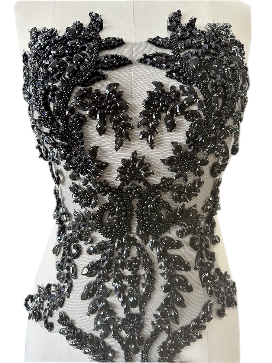 Photo 1 of Handmade Shiny Rhinestones Applique handsewing Beaded Sequins Crystal on lace Trim Patches for Prom Dress Clothing Decorative Accessories (Black)