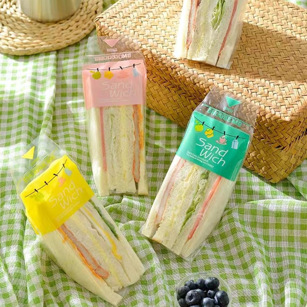 Photo 1 of 100 Pcs Triangle Sandwich OPP Packaging Bags, Easy Tear Design, Packaging Bags for Triangular Cakes, Triangular Bread, Cute Printing, 3 Patterns Available (Yellow)