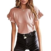 EVALESS Womens Summer Casual Short Sleeve Tops Ruffle Basic T Shirts Round Neck Solid Knit Loose Fit Tee Blouses