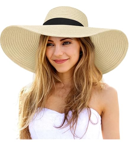 Womens Straw Sun Hat with Pom Pom Trim | Adjustable Foldable  display picture 1
