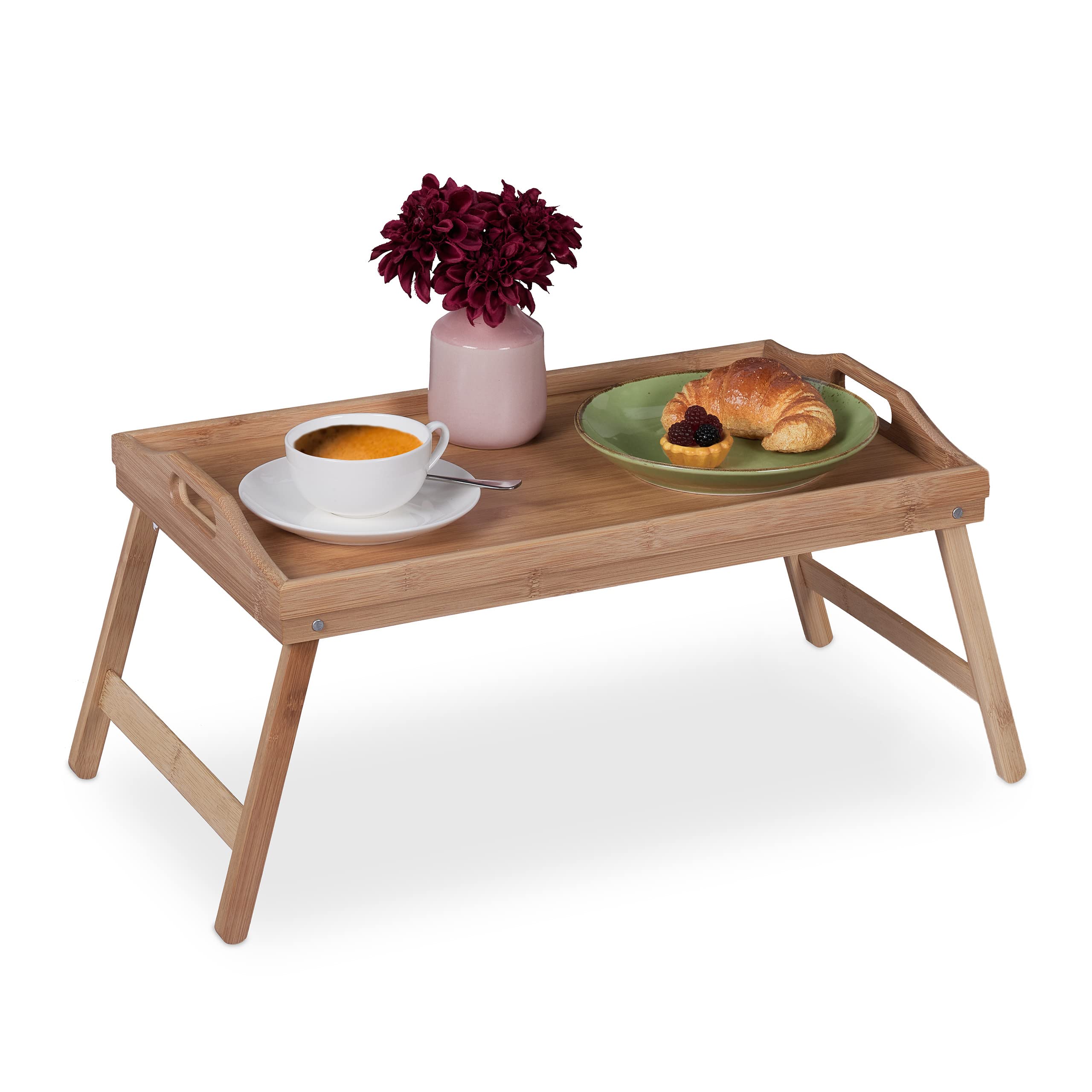 Relaxdays Folding Serving Tray, for Breakfast in Bed, with Legs & Handles, Bamboo & MDF, 25 x 60 x 30 cm, Natural