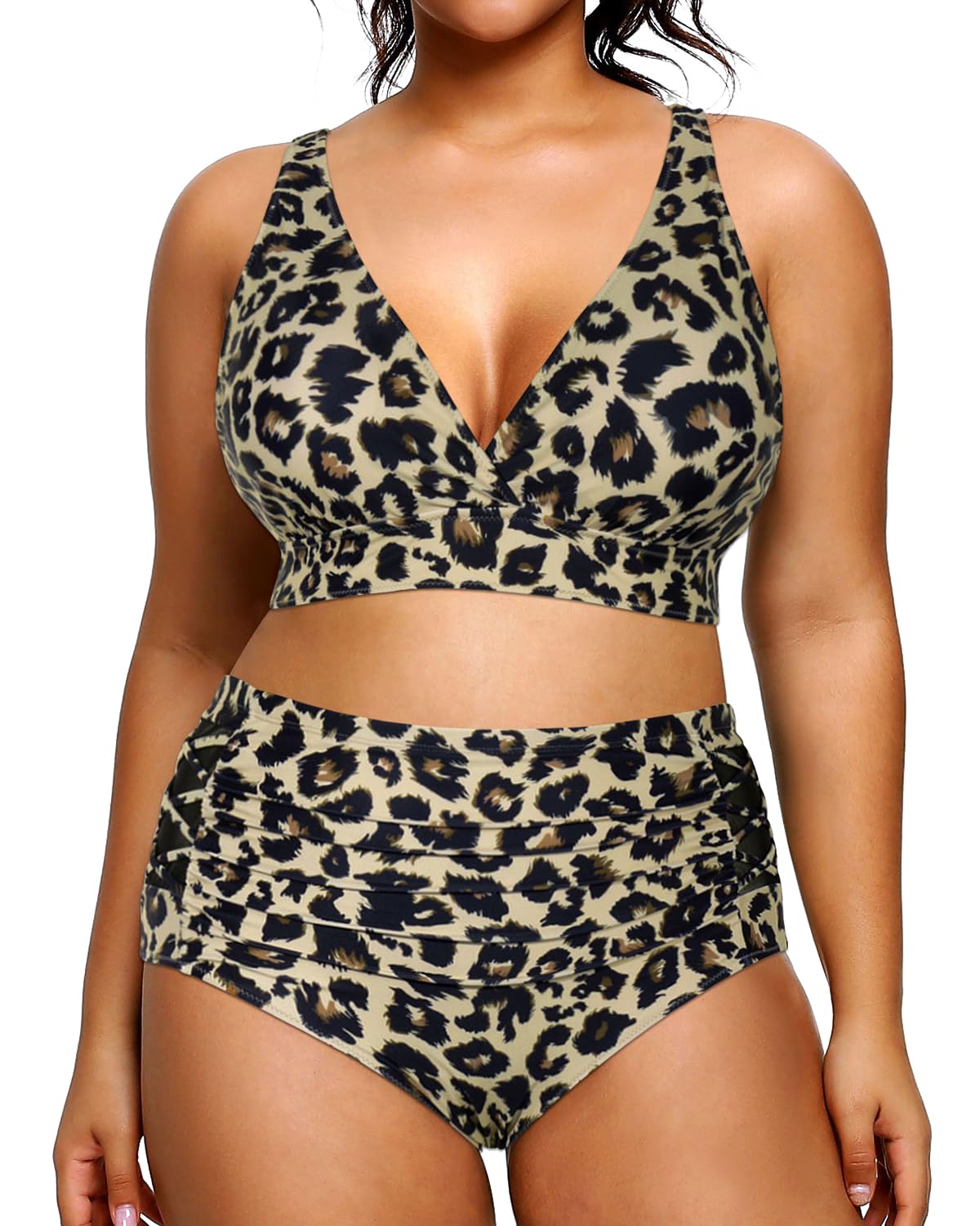 Photo 1 of Yonique Womens Plus Size Bikini High Waisted Swimsuits Two Piece Bathing Suits Tummy Control Swimwear Leopard 16Plus