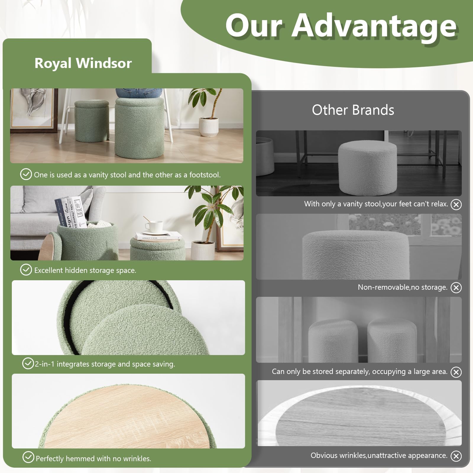 Royal Windsor Boucle Round Ottoman with Storage Set of 2,Small Foot Stool Ottoman for Living Room, Ottoman Coffee Table,Vanity Stool with Storage for Bedroom, Green - Image 7