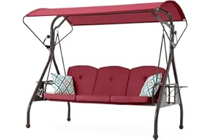 ZZW 800LBS Patio Swing with Canopy 3 Seat Outdoor Porch Swing with Stand w/Cup Holder & Pillow Glider Chair Swing Bed for Patio Backyard Poolside (Red)