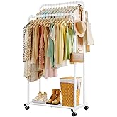 Sakugi Clothing Rack - Double-Rod Coat Rack with Hooks & 4 Universal Wheels, Movable Metal Clothes Rack with Mesh Shelf for C