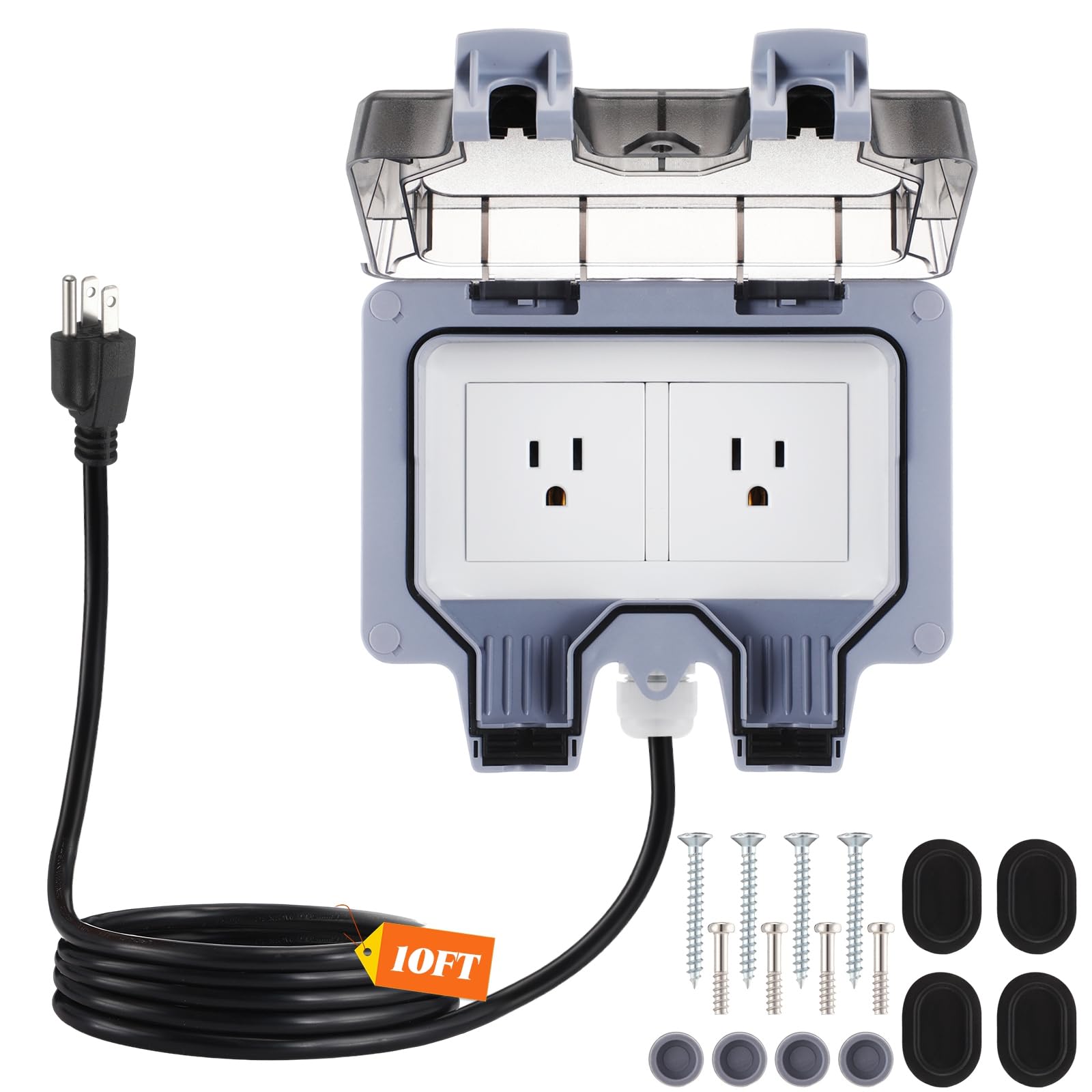 Photo 1 of Kanayu 30 ft Outdoor Outlet Box with Extension Cord, Dual 15 Amp 5-15 Receptacles Weatherproof Waterproof Ip66 Outdoor Exterior Socket with Cover, 14 AWG/3C SJTW Cord