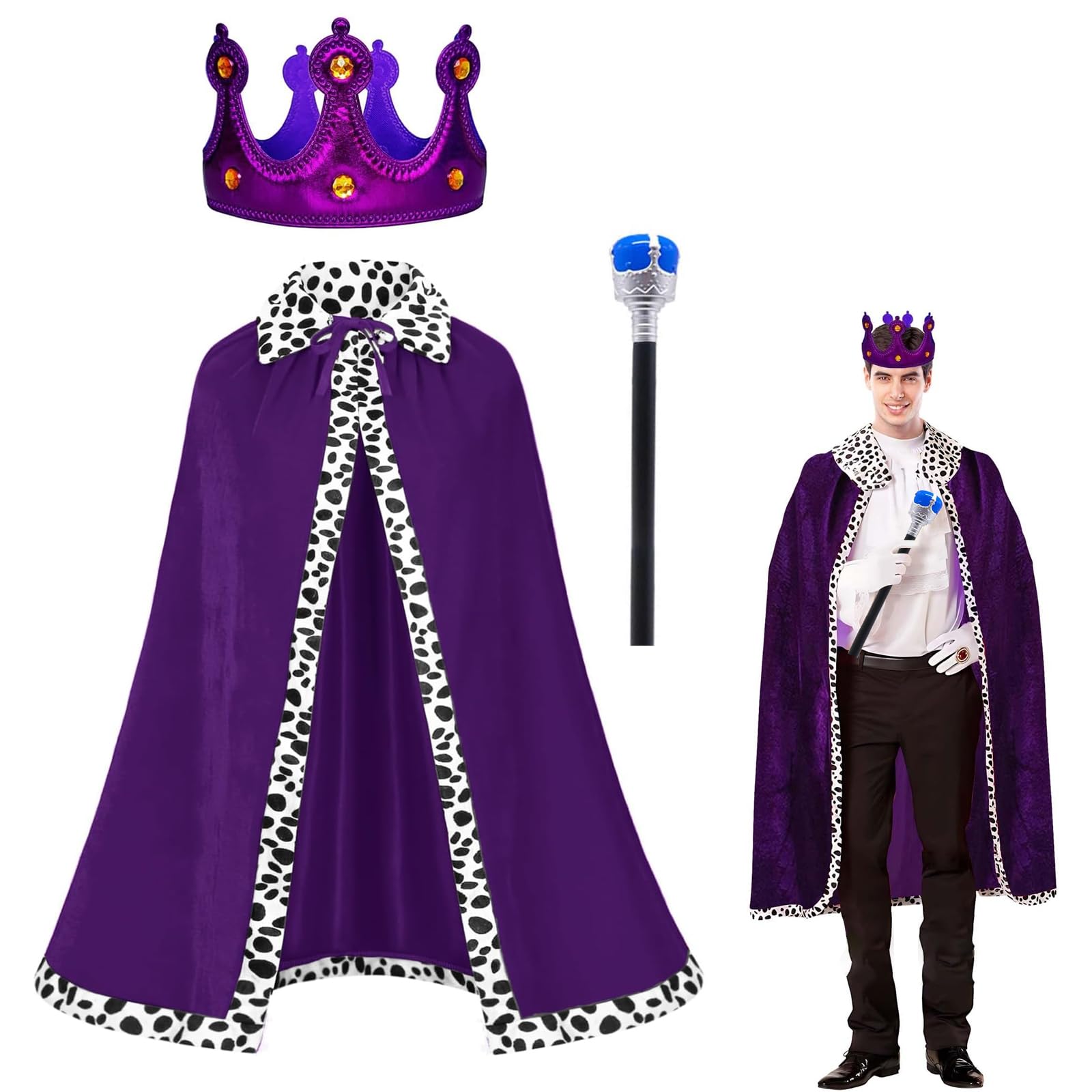 MFCGHXR King & Queen Costume Set for Adults – 3 Pcs Velvet Robe with Crown & Scepter for Halloween, Christmas, Carnival & Costume Parties