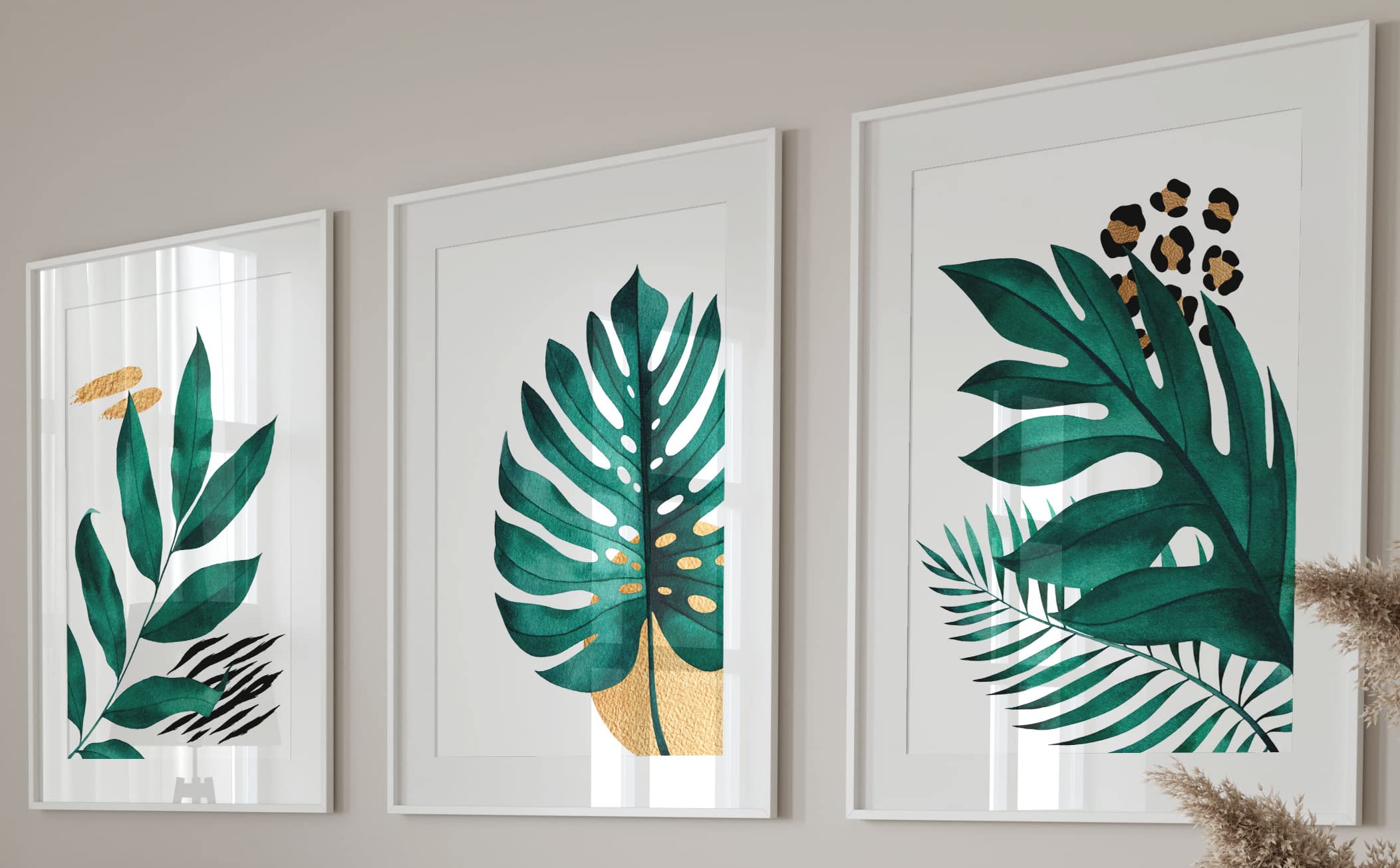 Botanical Wall Art Set of 3 Unframed Prints, Abstract Tropical Plant Decor, Living Room Bedroom Poster Home Decor, Cheese Plant Leaves Green Gold (A3)