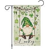 Heyfibro Lucky St. Patrick's Day Garden Flag 12x18 Double Sided Burlap, Gnome with Shamrocks Hanging Swing Yard Banner for Spring Seasonal Irish Holiday Farmhouse Outdoor Decor(ONLY FLAG)