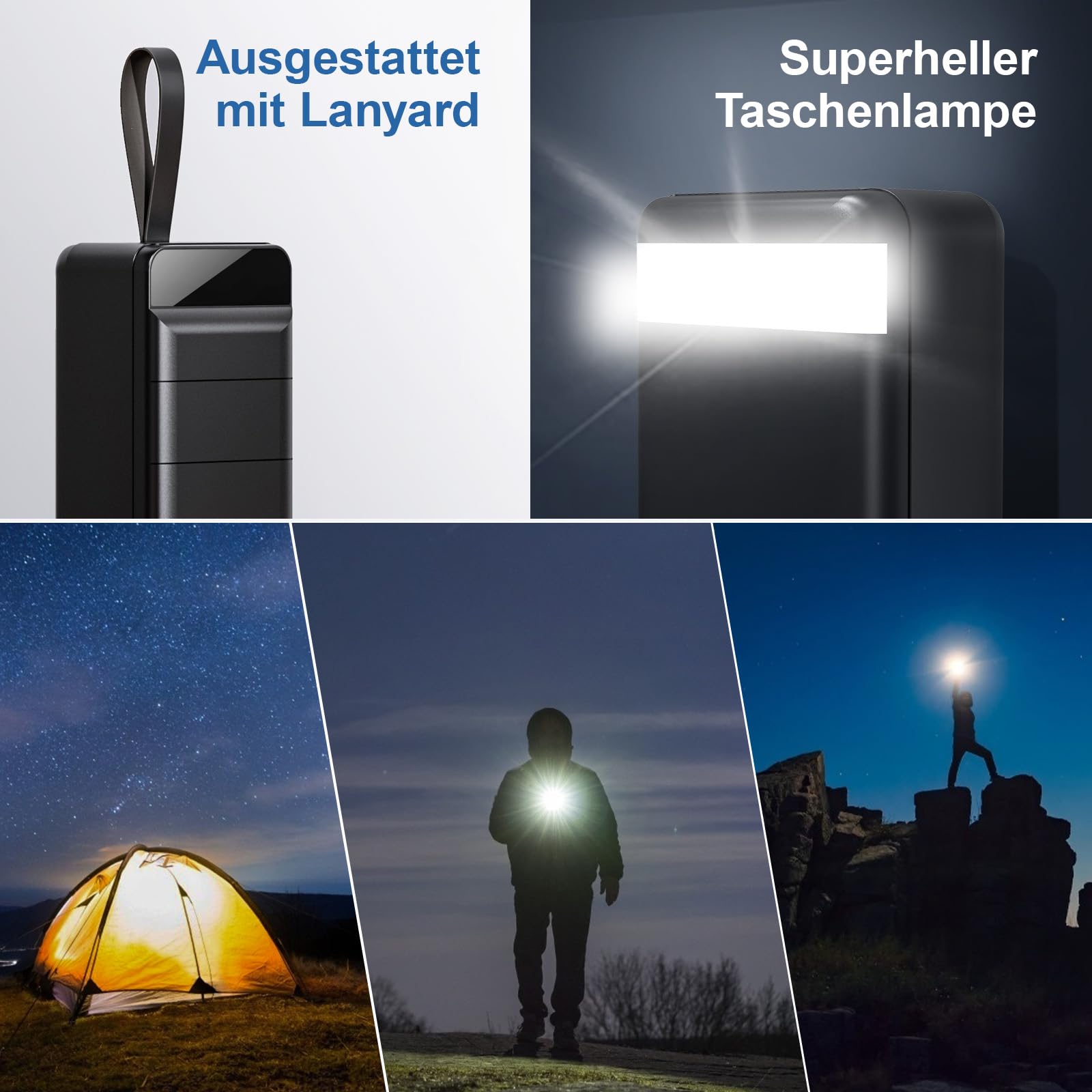Powerbank 60000mAh, 22,5W PD USB-C Schnellladegerät, Externer Akku mit LED-Anzeige, Power Bank 4 Ausgängen und 3 Eingängen, kompatibel mit iPhone, Tablets, Android und mehr Schwarz 6