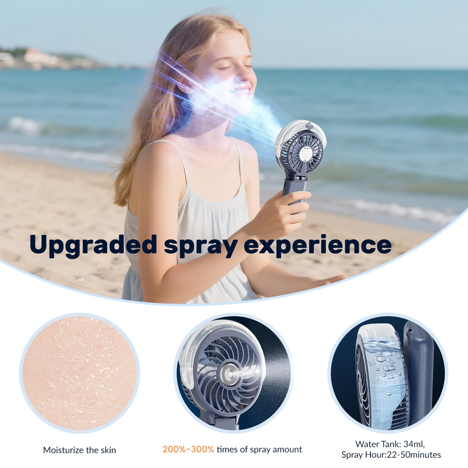 HandFan 5200mAh Upgraded Handheld Misting Fan, Portable Mister Fan Rechargeable, Spray Water Mist Fans, Electric Hand Cooling Ice Fans for Summer Beach Travel Concerts, Gifts for Women(Royal Blue)