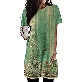 KISSMODA Womens Summer Tunic Tops for Leggings Casual Short Sleeve Long Shirts with Pockets