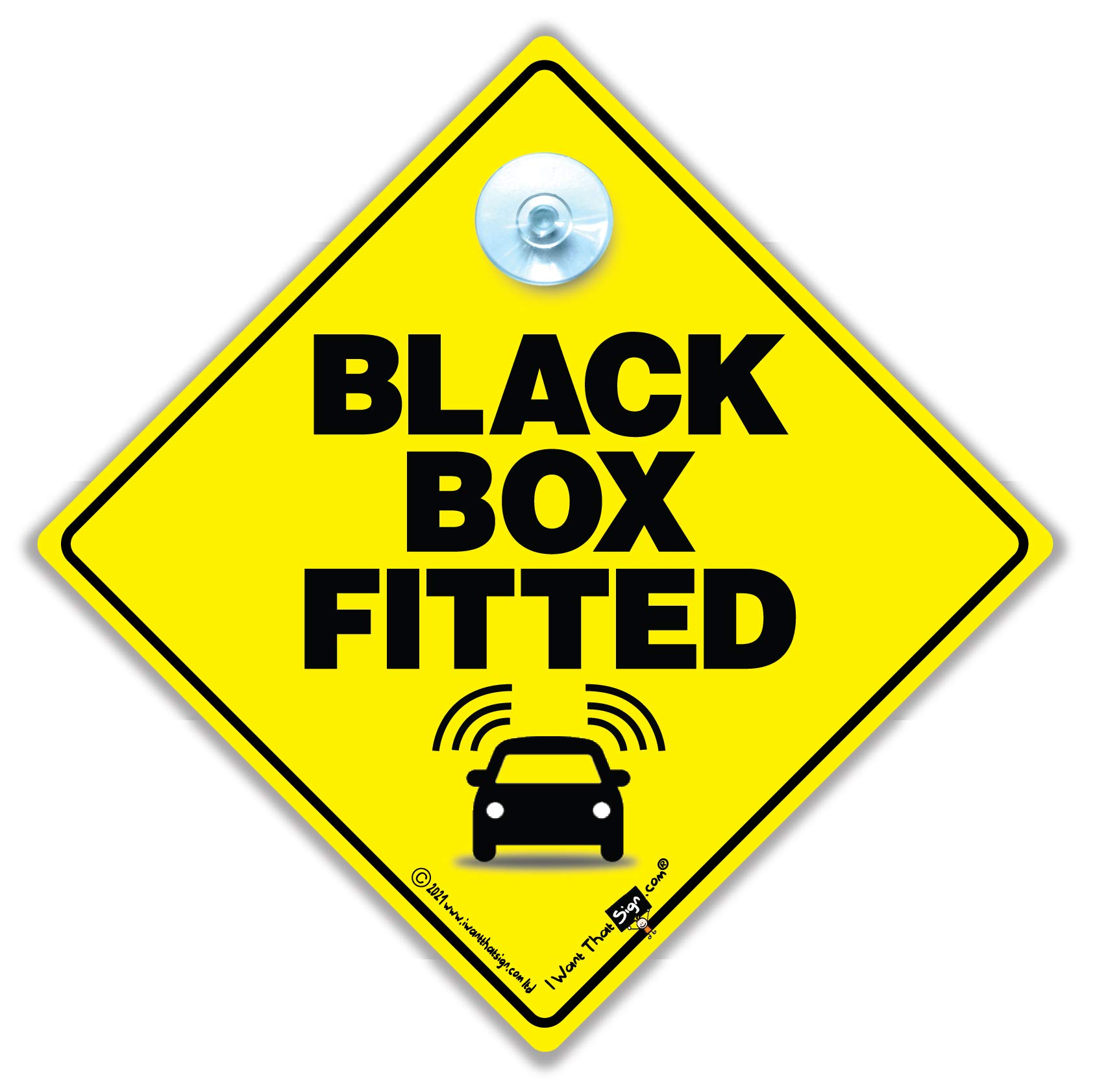 Black Box Fitted Sign, Speed Monitored Driver Car Sign, 14cm, Yellow and Black with Suction Cup Attachment, Speed Restricted Vehicle Sign