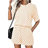 SHEWIN Women's Plaid 2 Piece Short Sets 2026 Lounge Beach Travel Vacation Outfits Matching Shorts Sweatsuit with Pockets