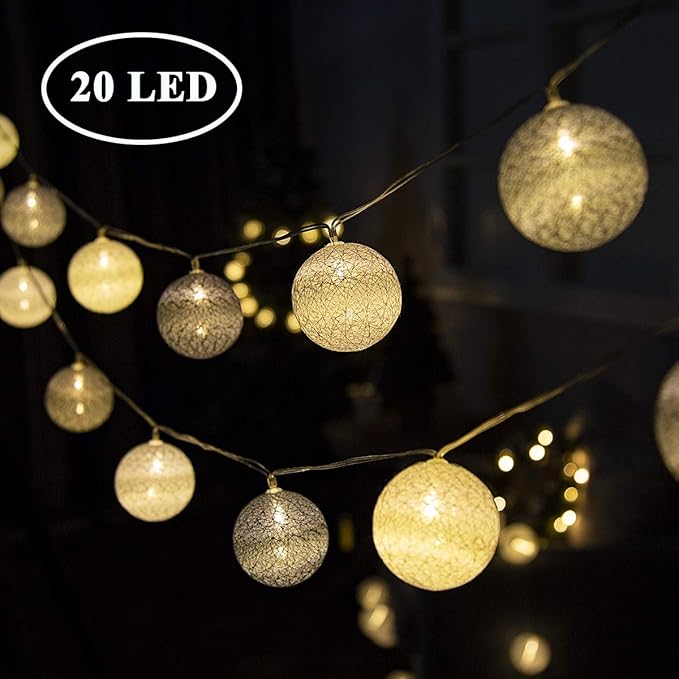 GIGALUMI LED Kugel Lichterkette Ø 6 cm 20 Stück Grau und Weiß Baumwolle Kugel Batterie betrieben innen Deko für Weihnachten, 