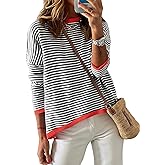 Dokotoo Women's Long Sleeve Sweaters Casual Crewneck Fashion Spring Striped Color Block Shirts High Low Pullover Sweater Tops