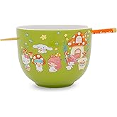Silver Buffalo Sanrio Hello Kitty and Friends Mushroom Crew Ceramic Dinnerware Set | Includes 20-Ounce Ramen Noodle Bowl and Wooden Chopsticks | Asian Food Dish Set For Home & Kitchen