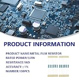 Innfeeltech 100 Pcs 1/2W 1% 1KΩ Metal Film Resistor Kit view 2