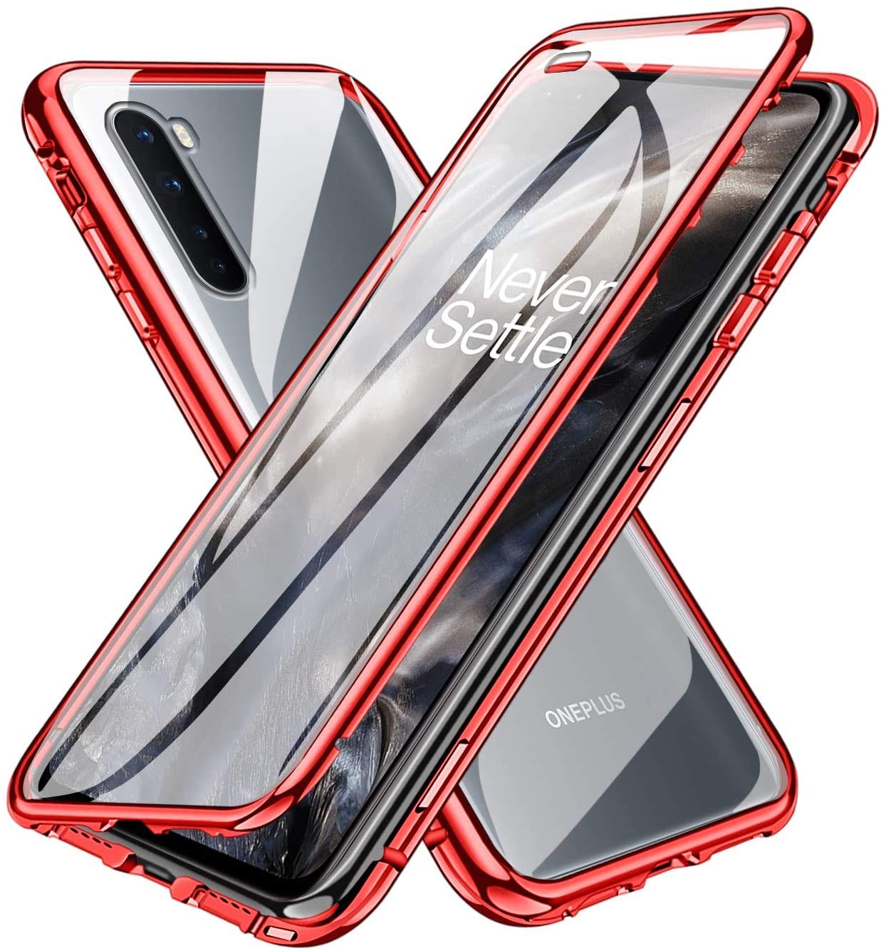 Magnetic Case for OnePlus Nord 5G, Magnetic Adsorption Front and Back Transparent Tempered Glass Full Screen Cover Flip Cover One Piece Design for OnePlus Nord 5G