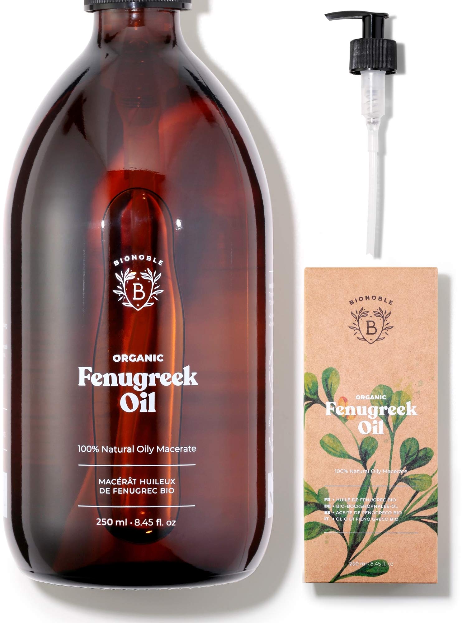 Bionoble Organic Fenugreek Oil 250ml - Fenugreek Oily Macerate made with Sunflower Oil - 100% Pure and Natural - Body, Chest, Buttocks, Hair - Vegan and Cruelty Free - Glass Bottle + Pump