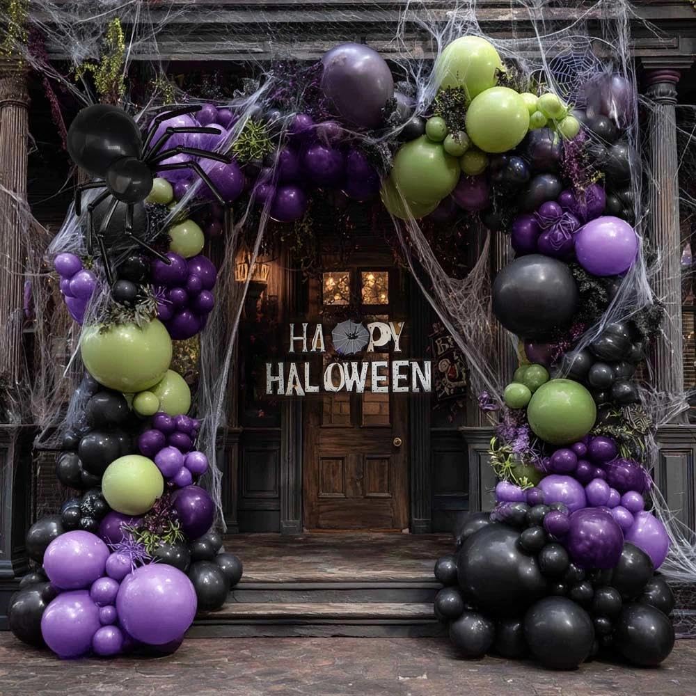 Photo 1 of Green Purple Black Balloons Double Stuffed, Halloween Balloon Arch Garland Kit in Dark Purple Dusty Olive Green Color with Black Long Latex for Halloween Birthday Baby Shower Boo Spooky Party Decor