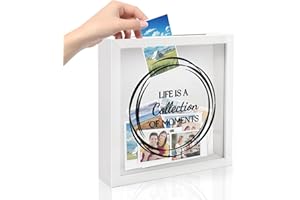 GJULRFU 8X8 Shadow Box Frame, Wood Photo Storage Box in White, Keepsake Ticket Box with Slot, Memory Display Case for Desk Wall Decor (White)