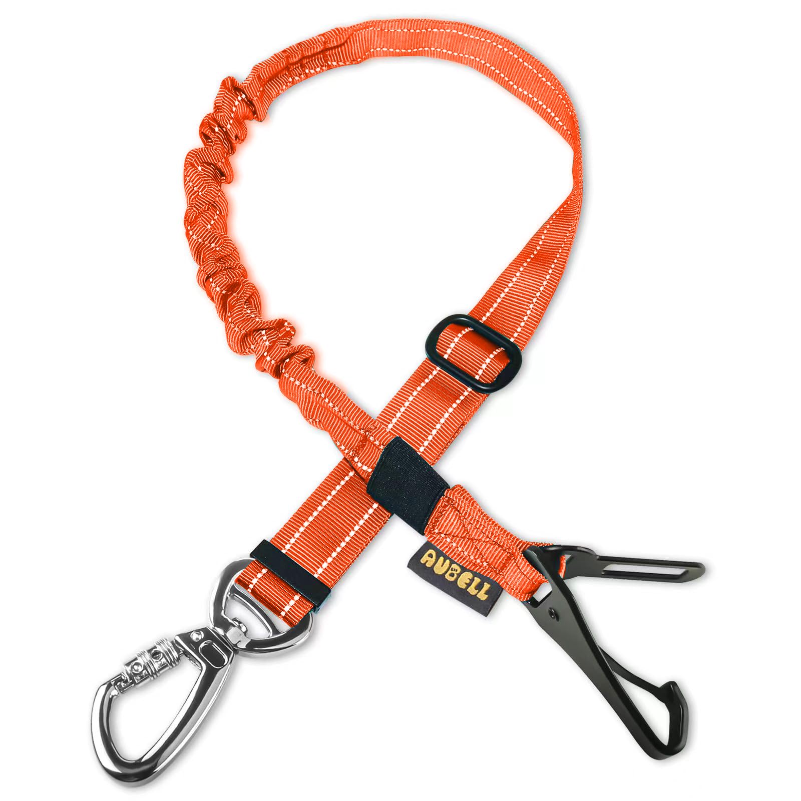 AUBELL Dog Seat Belts for Cars UK,Updated 3-in-1 Adjustable Reflective Bungee Dog Car Harness Tether with Clip Hook Latch & Buckle, Swivel Zinc Alloy Carabiner,Orange
