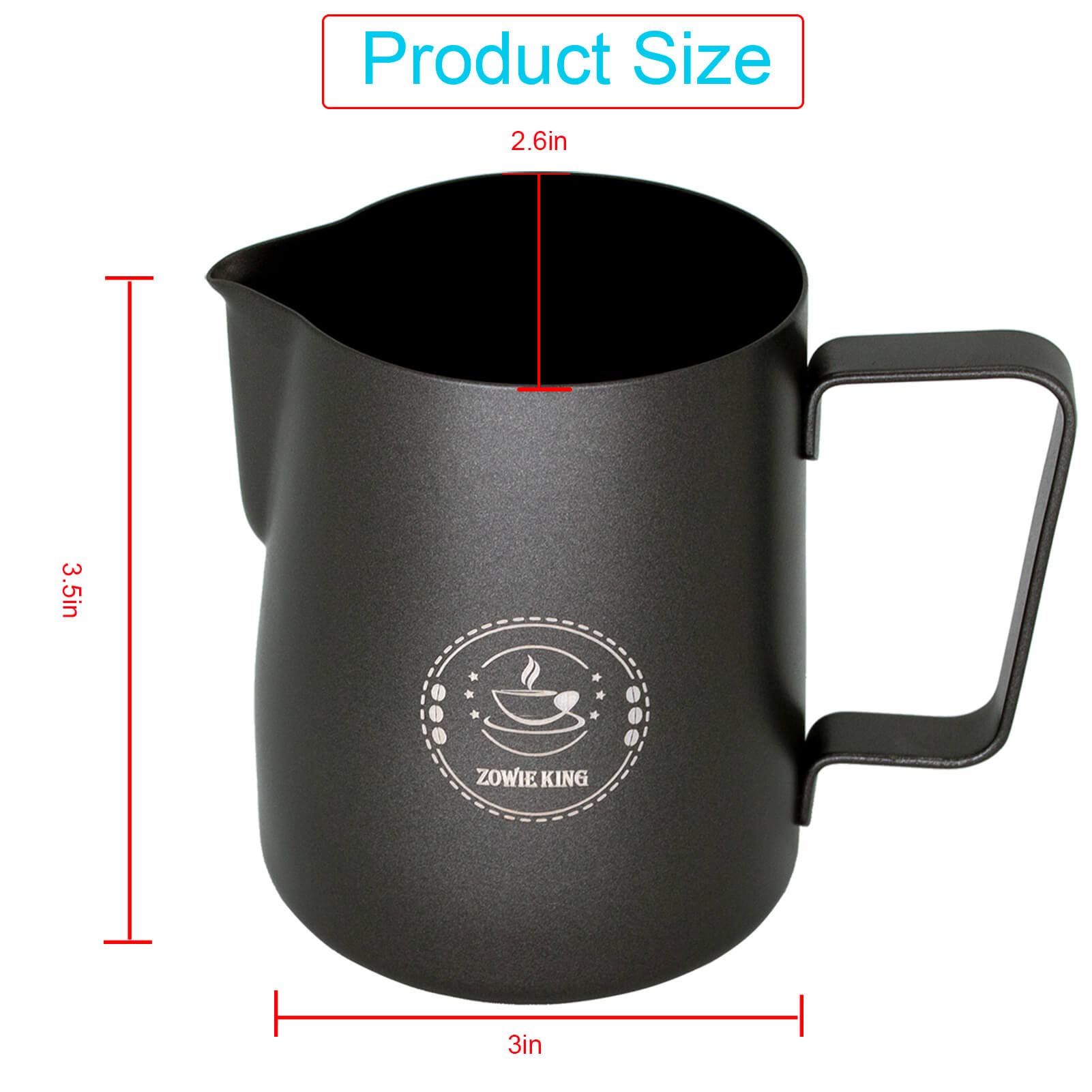 Stainless Steel Espresso Steaming Pitcher - 12oz Milk Frothing Jug for Cappuccino, Latte Art - Black