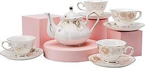 HAYC 9-piece European-style ceramic tea set, tea cup tea set, porcelain cup set, bone china tea set(Golden jade)
