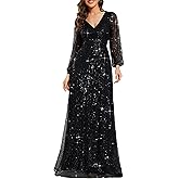Ever Pretty Women's Elegant Formal Evening Dresses V Neck A-Line Floor Length Long Sleeves Sequin Holiday Party Dress