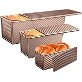 3 Pack Pullman Loaf Pans with Lids, 2.2LB 1LB 0.5LB Bread Pans, Non-stick Carbon Steel Bread Pans for Homemade Sandwich and Baking Sourdough Bread, Corrugated Toast Mold, Golden