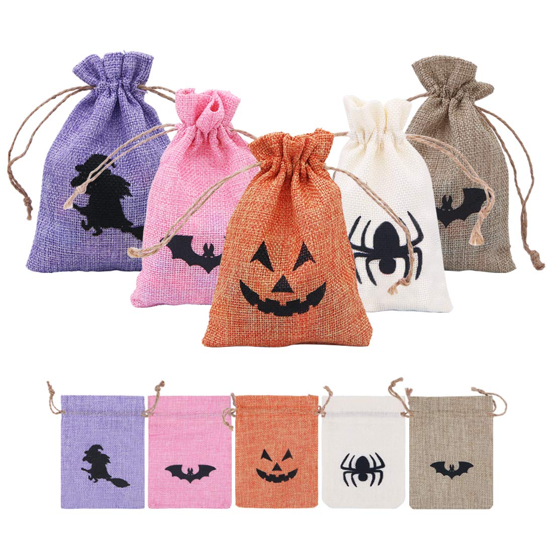 Geluode 20 PCS Drawstring Small Gift Bag,Halloween Burlap Gift Bag Multipack with Pumpkin Witch Bat Spider Design,Multiple Colour Gunny Candy Treat Bags for Jewellery Present Halloween Xmas Easter