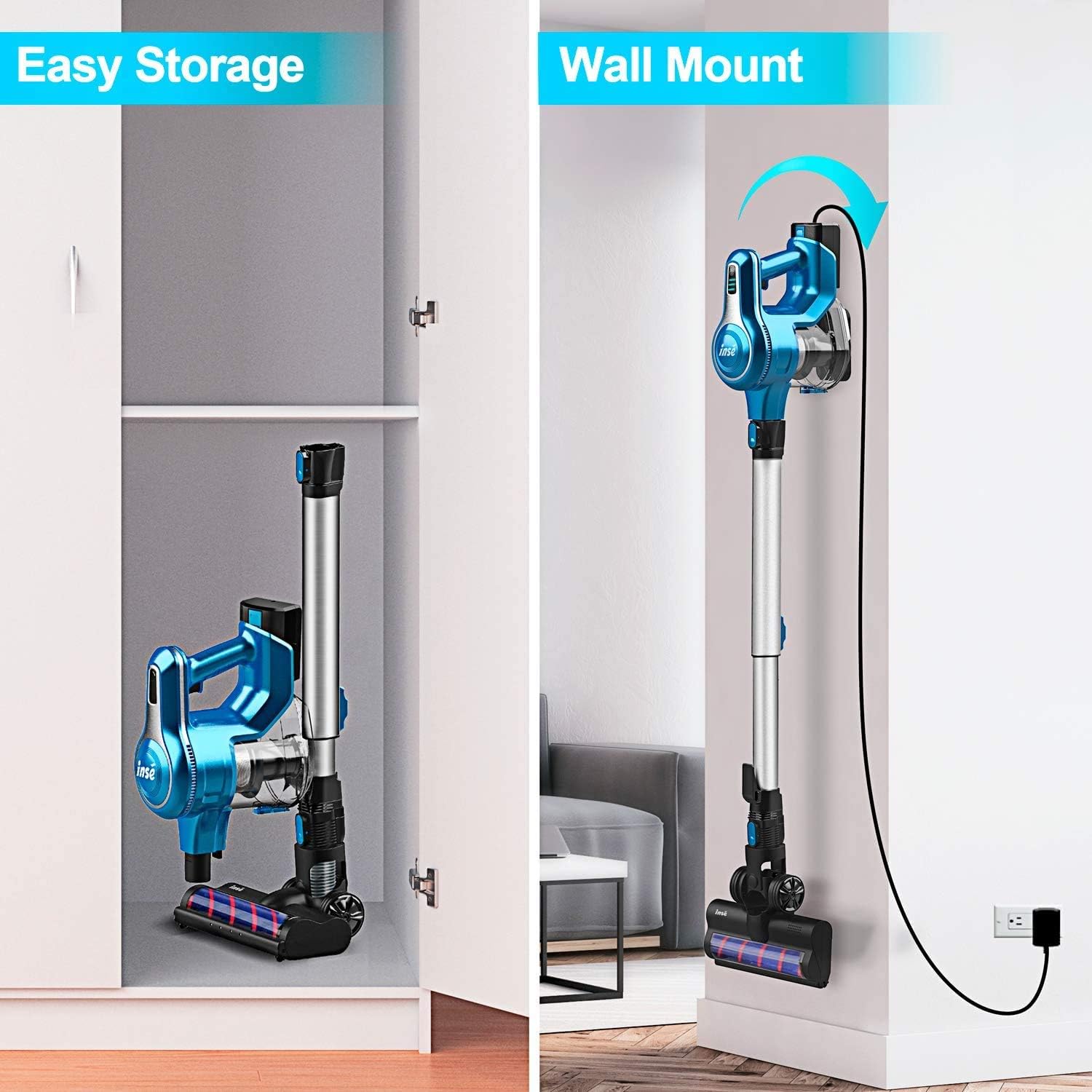 Cordless Vacuum Cleaner, 23Kpa 250W Brushless Motor Stick Vacume, Up to 45 Mins Max Runtime 2500mAh Rechargeable Battery, 10-in-1 Lightweight Handheld for Carpet Hard Floor Car Pet Hair, Blue-INSE S6 -