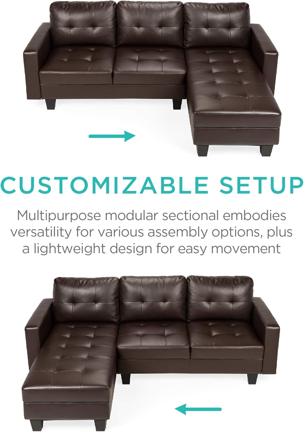 best chaise lounge on Brown Ottoman Coffee Table Bench Best Choice Products Tufted Faux Leather 3 Seat L Shape Sectional Sofa Couch Set W Chaise Lounge Living Room Sets Kolenik Home Kitchen