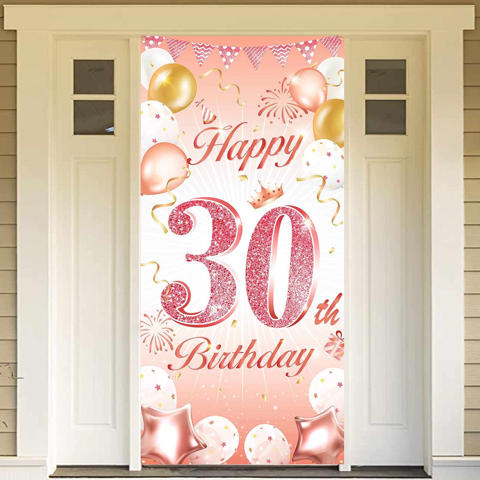 DPKOW Rose Gold 30th Birthday Party Decoration Woman, Rose Gold 30th Birthday Banner for Backdrop Door Decoration for Garden Table Wall, 185 x 90cm Fabric โ image 1