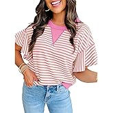 Women's Summer Striped Ruffle Short Sleeve Tops Contrast Colorblock 2025 Round Neck Loose Fit Cute Casual Top Blouse