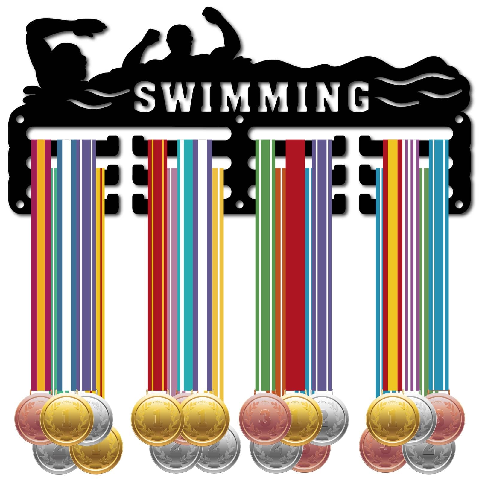 CREATCABIN Swimming Medal Holder Display Medal Hanger Rack Metal Medal Holder Black Shelf Hanger Organizer Medal Stand Small Frame Wall Mounted Hanging for Over 60 Medals Medalist 11.4 x 5Inch