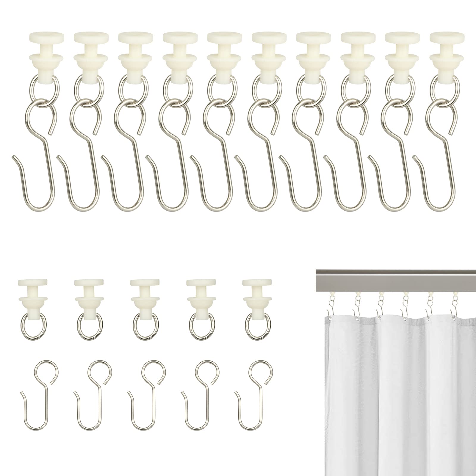 80 Pcs Curtain Hooks and Gliders Set, 40 Stainless Steel Shower Curtain Hooks and 40 Pieces Rail Gliders for Dorm Window Bathroom Shower (80PCS)