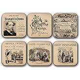 6 Coasters with Novels by Charles Dickens. Oliver Twist, David Copperfield, A Tale of Two Cities, Great Expectations, A Christmas Carol.
