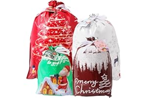 YUNAEDUO Drawstring Christmas Gift Bags - 20PCS Assorted Sizes Christmas Bags for Presents -Christmas Plastic Wrapping Bags Bulk - Xmas Gift Bags, 4 Designs (5 of Each) Extra Large/Big/Medium/Small Sizes