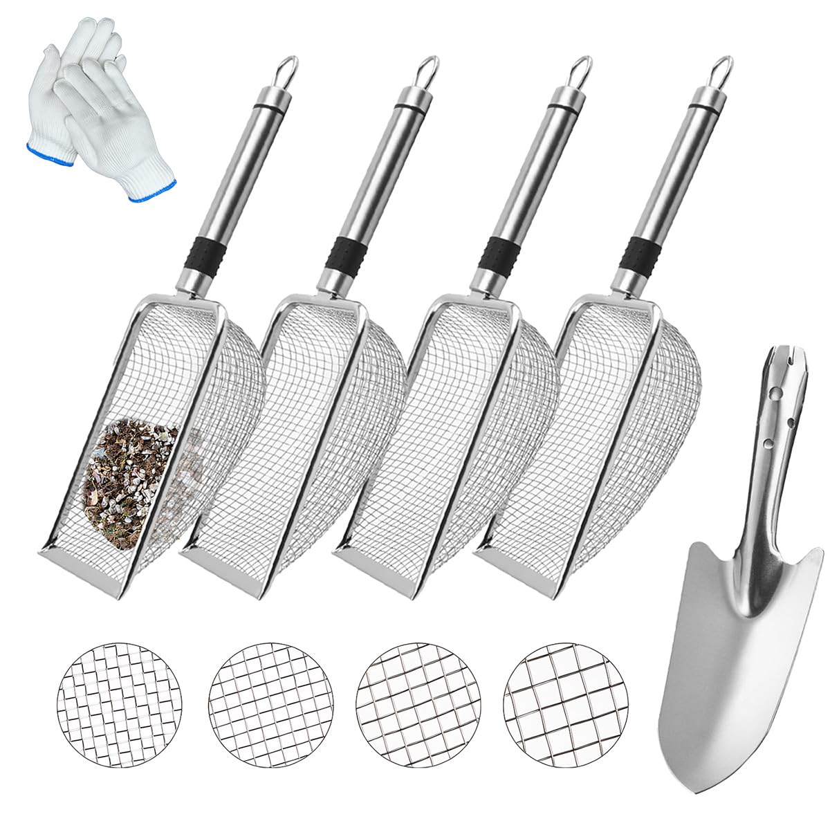 Photo 1 of 6PCS Soil Sifter for Gardening with Shovel & Gloves, 2/2.8/3.8/5 mm Mesh, Stainless Steel Sand Soil Compost Sifter with Handle, Sieve for Sand, Rocks, Dirt, Compost - Durable Garden Tool for Gardening