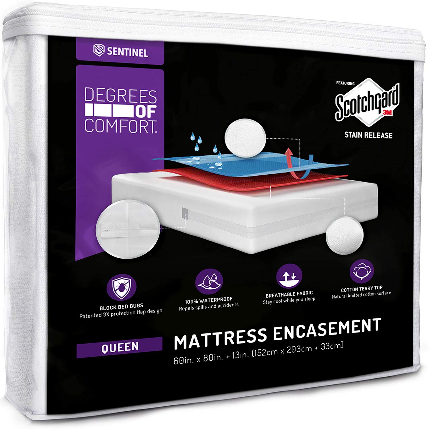 Degrees of Comfort Zippered Queen Bed Bug Mattress Protector | Waterproof, Breathable, Dust Mite Encasement W/Advance Patented Zipper Flap Design - 3M Scotchgard Stain Release Technology Fits 13-15"