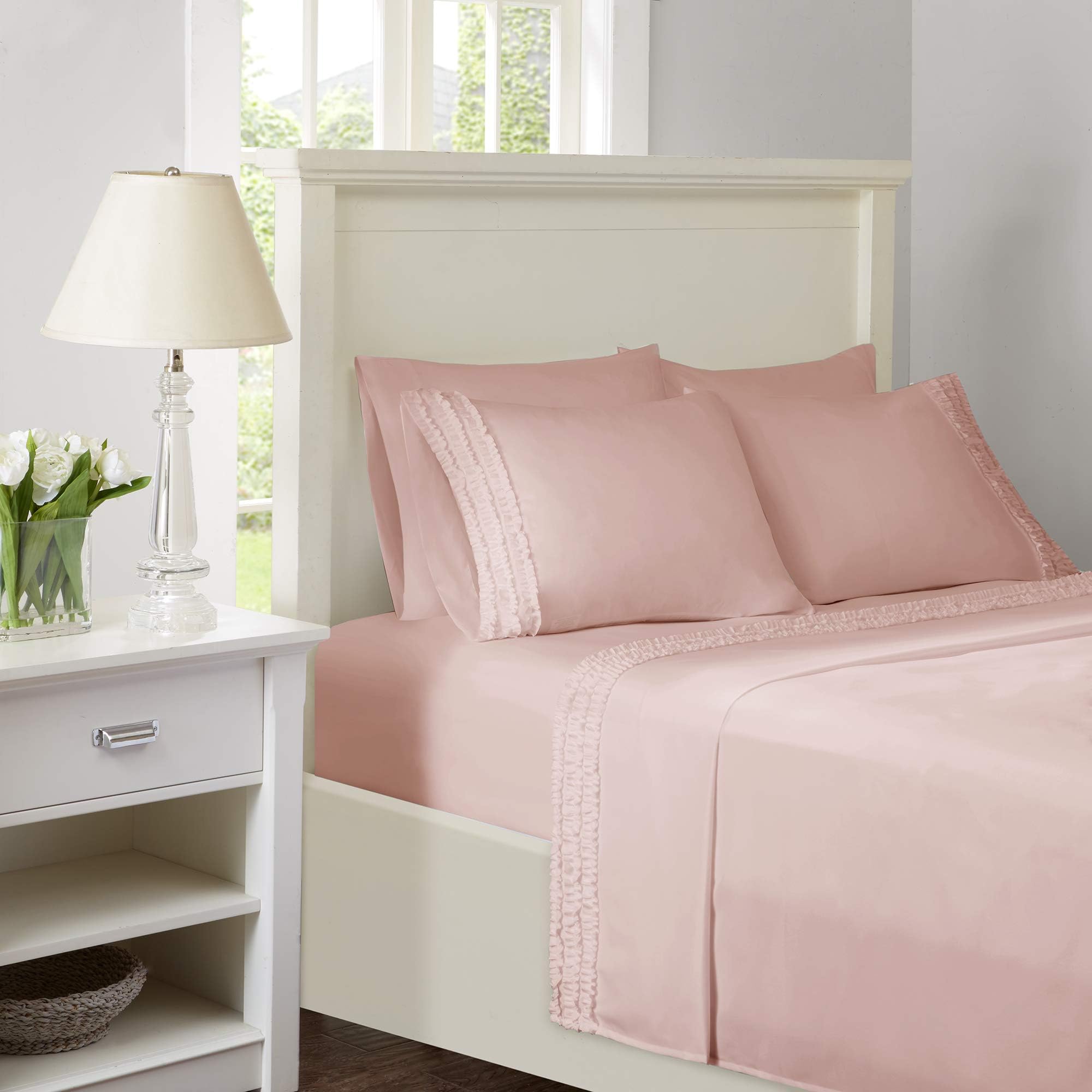 Intelligent Design Ruffled Twin Sheets, Cottage/Country 100% Microfiber Bed Sheets, Pink Sheet Set 4-Piece Include Flat Sheet, Fitted Sheet & 2 Pillowcases (ID20-998)