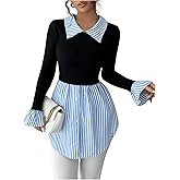 MakeMeChic Women's Striped Bell Sleeve Babydoll Shirts Collared 2 in 1 Blouse Top