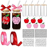 Skylety 6 Pack Personalized Clear Glass Cups Gifts 16 oz DIY Appreciate Cup Teacher Gifts Red Pink Custom Name UV Apple Sticker with Lids Glass Straw Ribbon for Family Employee Coworker