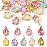 KISSITTY 18pcs Teardrop Charms for Jewelry Making AB Color Faceted Glass Drop Dangles Pendants 9 Colors for DIY Bracelets Earrings Necklaces for Women with Light Gold Edge