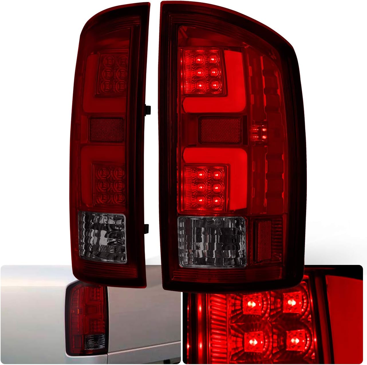 AJP Distributors LED Tube Tail Lights Light Brake Signal Lamps Assembly For Dodge Ram 1500 2500 3500 2007 2008 2009 07 08 09 (Chrome Housing White Tube Red Smoke Lens)