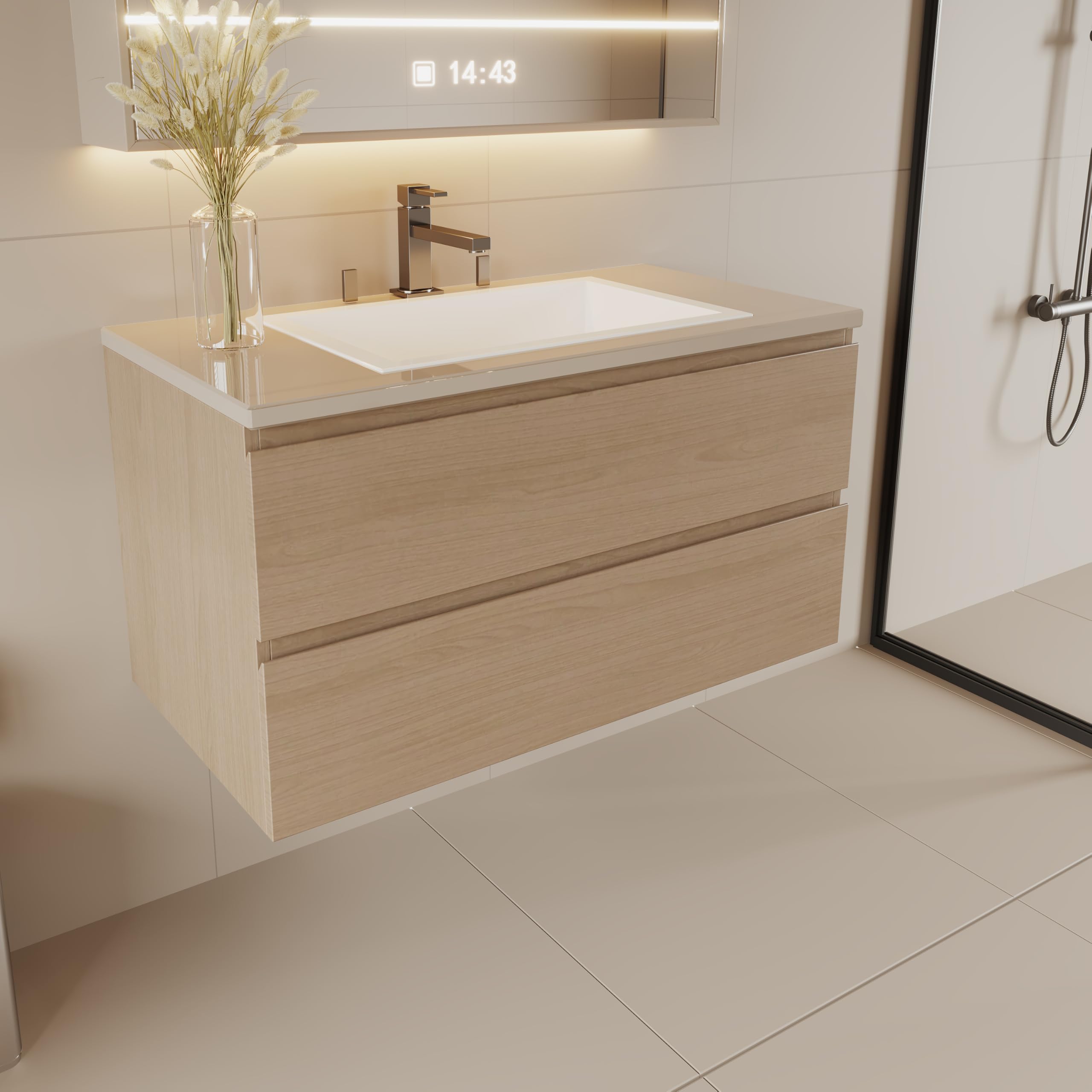 Photo 1 of ***FOR PARTS ONLY/ NON-FUNCTIONAL*** Wall-Mount Bathroom Vanity – Modern Floating Vanity with Soft-Close Drawers, Laminate Doors, Plywood Construction (Cosmo Sand, 36" Width)