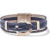 FANCY SHINY Leather Cuff Bracelet Circle Rhinestone Wrap Bracelet Stackable Multi Layer Wristband with Clasp Boho Jewelry Gift for Women